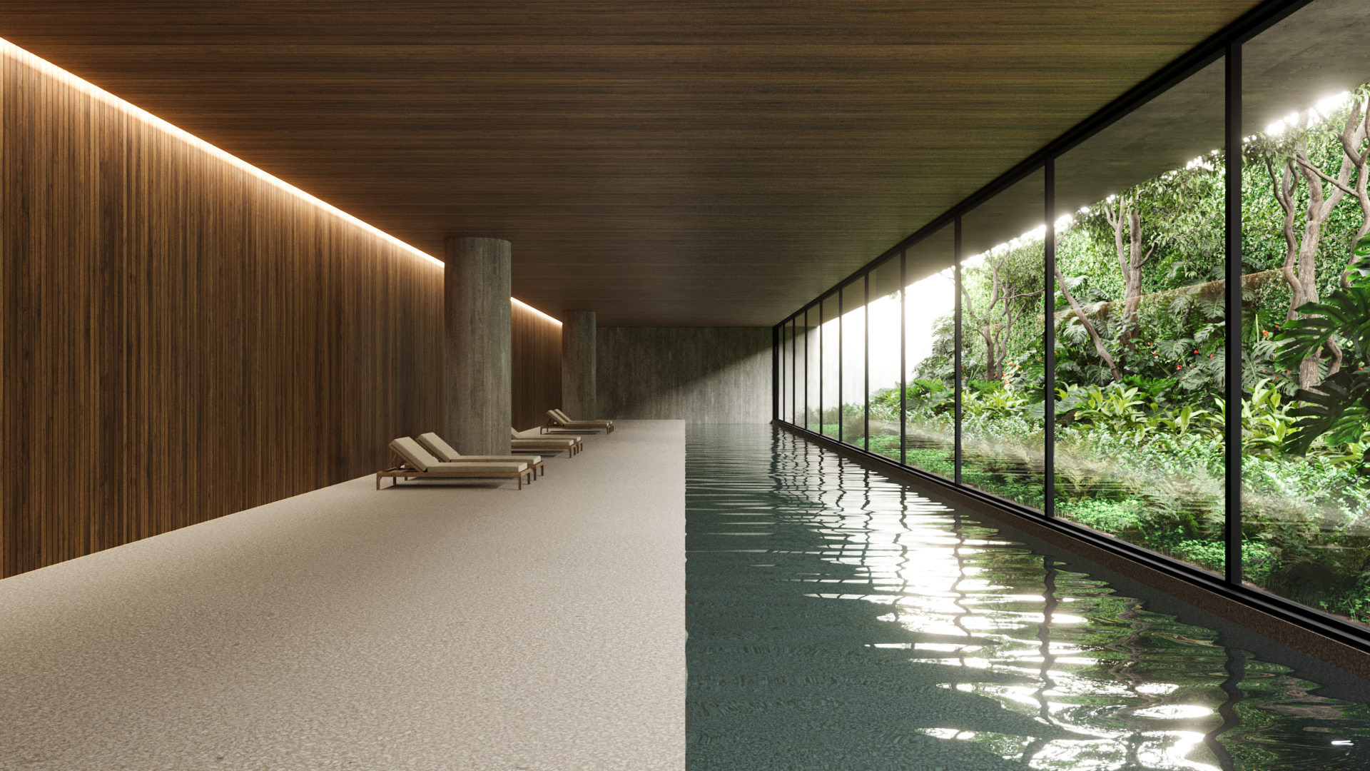Piscina coberta com vista para o jardim