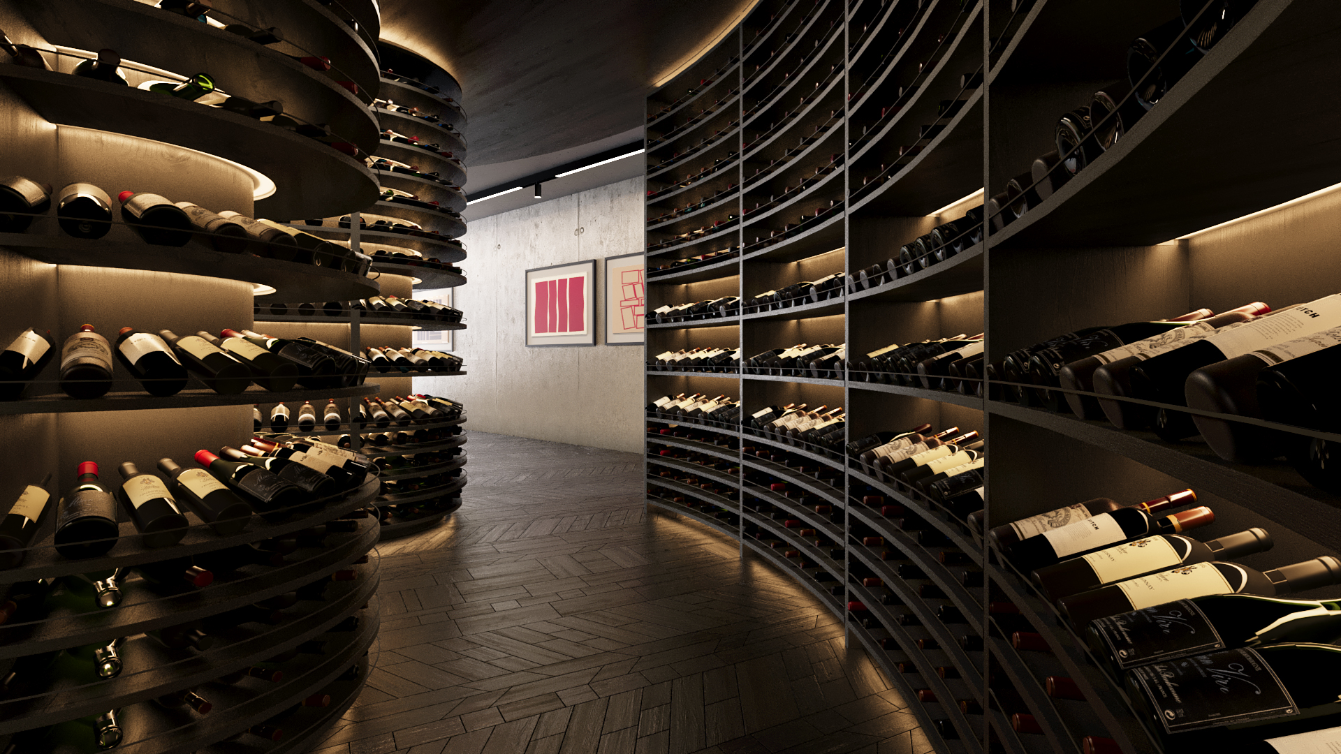 Adega com estantes curvas e circulação entre os vinhos